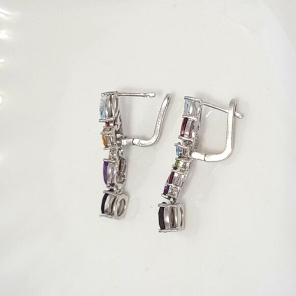 Vintage Boho Sterling Silver Colourful Rainbow Crystal Flower Drop Long Earrings - Picture 6 of 10